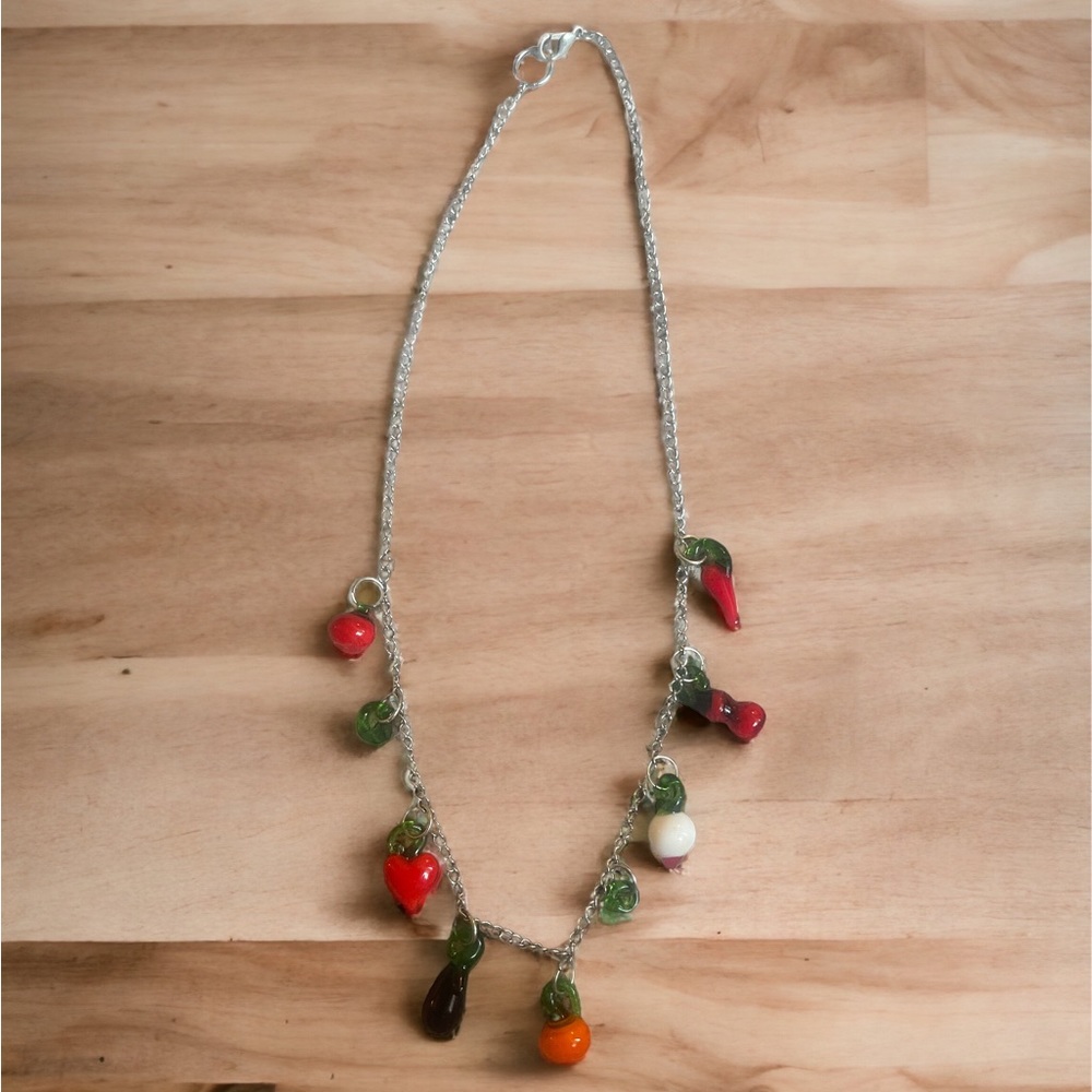 adorable handmade veggie glass necklace! 🥬🍆🥕🌽🍅
